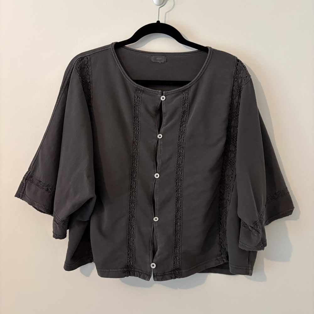 Aerie 100% Cotton Boxy Crop Shirt Gray XL Button Up Crochet Boho Cottage Lounge